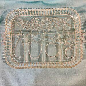 Indiana Glass Vtg Serving Platter Divided Relish Tray Fruit Pattern Heavy Glass